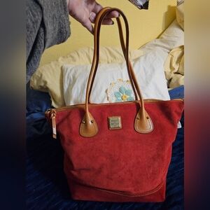 Dooney & Bourke Red Suede Tote with Tan Accents